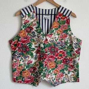 Vintage 90s Coastline Floral Stripe Cotton Vest Tie Back Cottagecore Boho Hippie